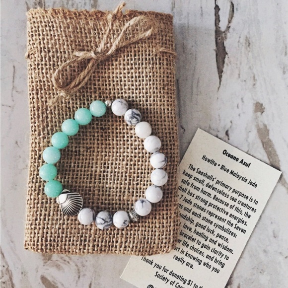 Jewelry - Howlite & Blue Jade Sea Shell Beaded Bracelet with Meaning Card